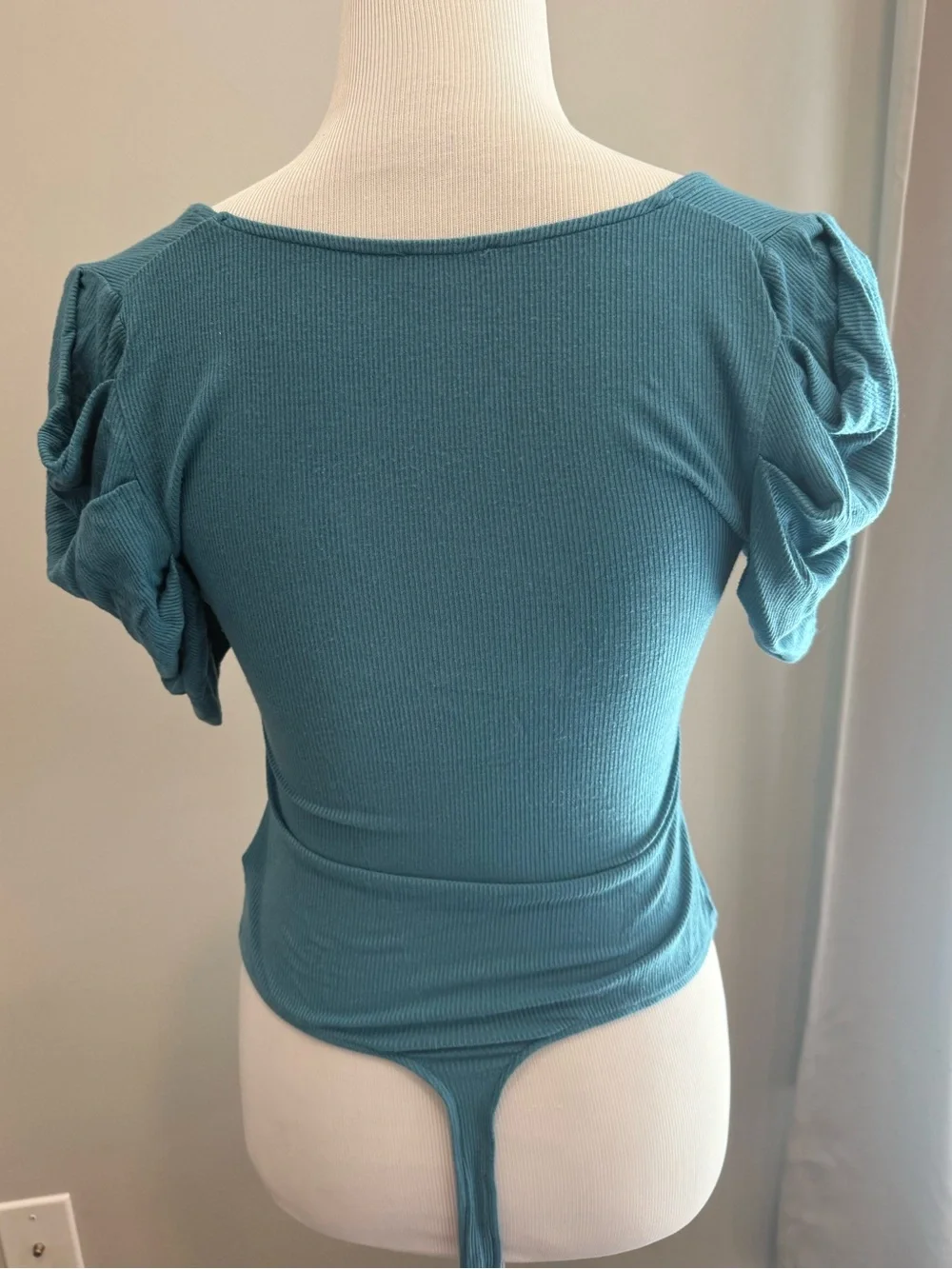 Free People Intimately Ribbed Puff Sleeve Thong Bodysuit Teal Blue Size Small